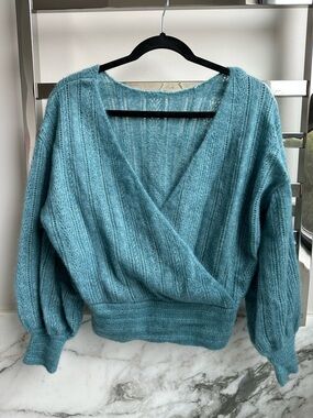 Women’s Teal Wrap V-Neck Sézane Pullover Sweater